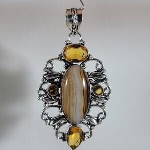 Banded Agate & Citrine Sterling Pendant – Handmade Bohemian Gemstone Necklace